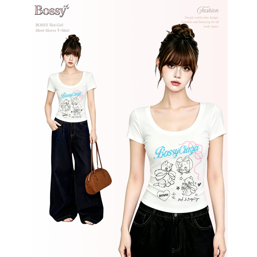 BOSSY เสื้อยืดแขนสั้นคอUสไตล์อเมริกันวินเทจ ลายสกรีนรูปสุนัขและตัวอักษร ทรงเข้ารูป ผ้าฝ้าย100%#F+5475