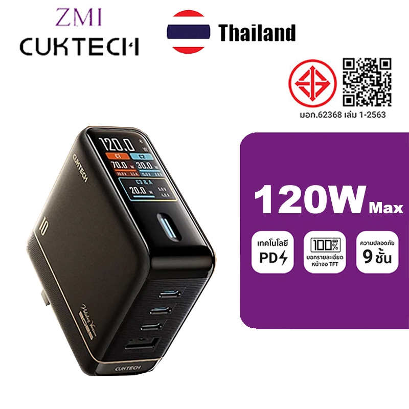 CUKTECH NO.10 GaN 120W Fast Charger ตัวแปลงไฟแบบปรับได้จอแสดงผลดิจิตอลชาร์จ