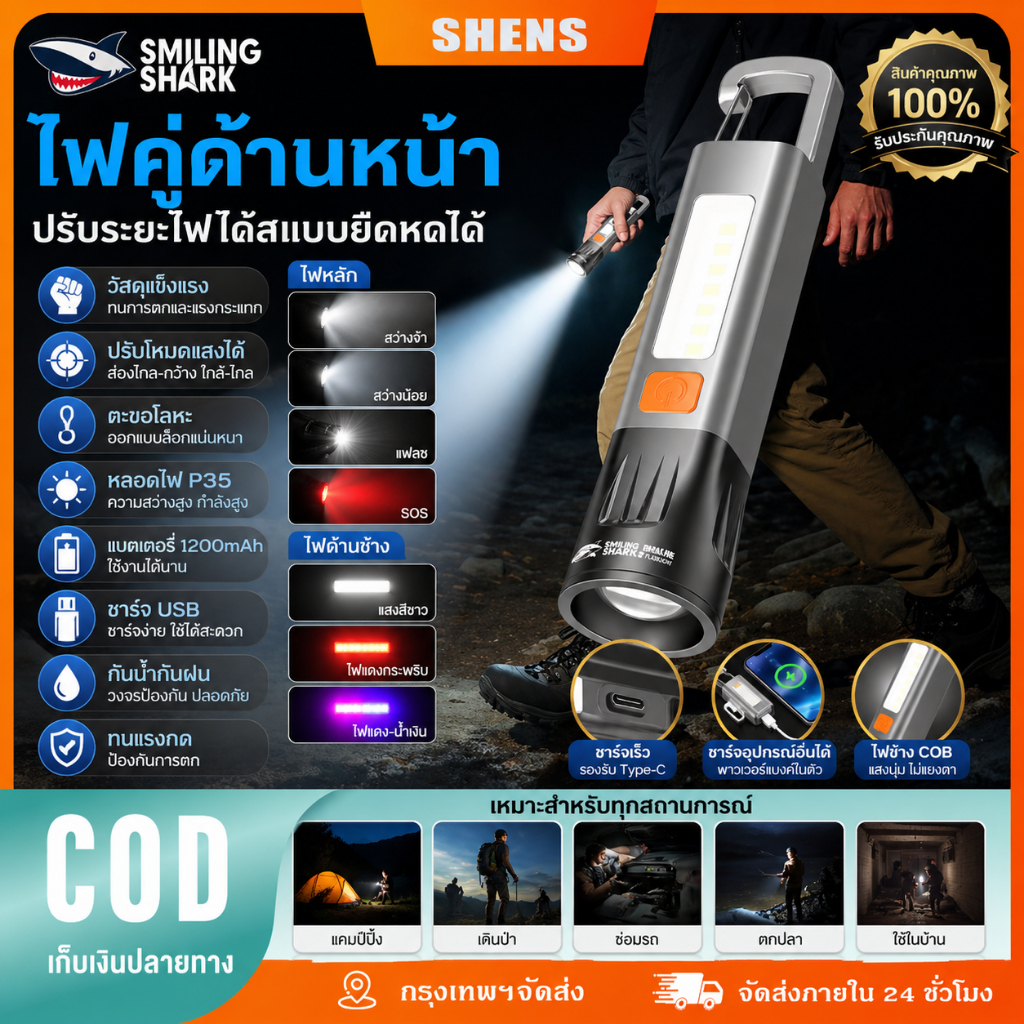 รอยยิ้มฉลามมินิ ไฟฉาย LED พกพาสะดวก ชาร์จบẰง USB และใช้ในบ้านได้