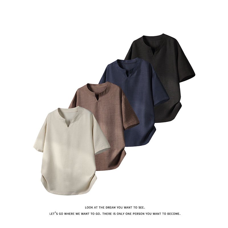 เสื้อยืดแขนสั้นผ้าลินินเทียม Lyocell Tencel ฤดูร้อนของผู้ชายน้ําหนักเบาและระบายอากาศได้เสื้อคอวีขนาดเล็ก