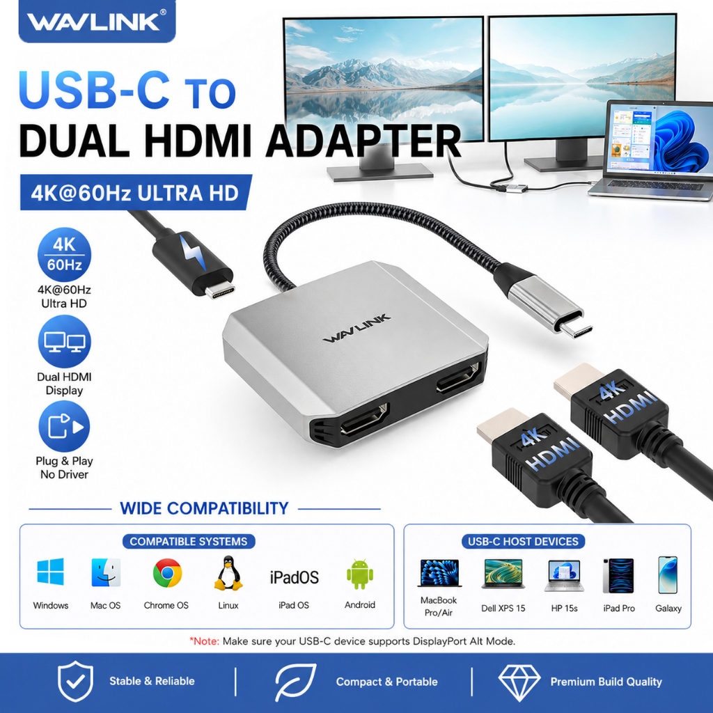 WAVLINK 3-IN-1 USB C to HDMI Adapter 4K HDMI Hub 1 in 2 out พร้อม 87W PD สําหรับ Macbook/Android/PC