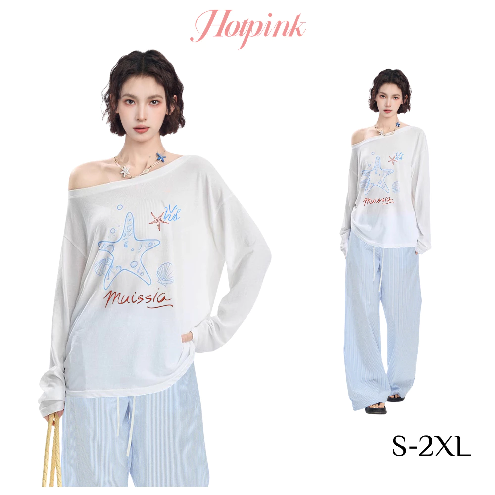 Hotpink ส่งจาก Bangkok🔥เสื้อคลุมกันแดดสีขาวแบบเปิดไหล่สำหรับผู้หญิง ทรงหลวมใส่สบาย เหมาะสำหรับฤดูร้อน ช่วยให้ดูผอมเพรียว เนื้อผ้าโปร่งเล็กน้อย แขนยาว