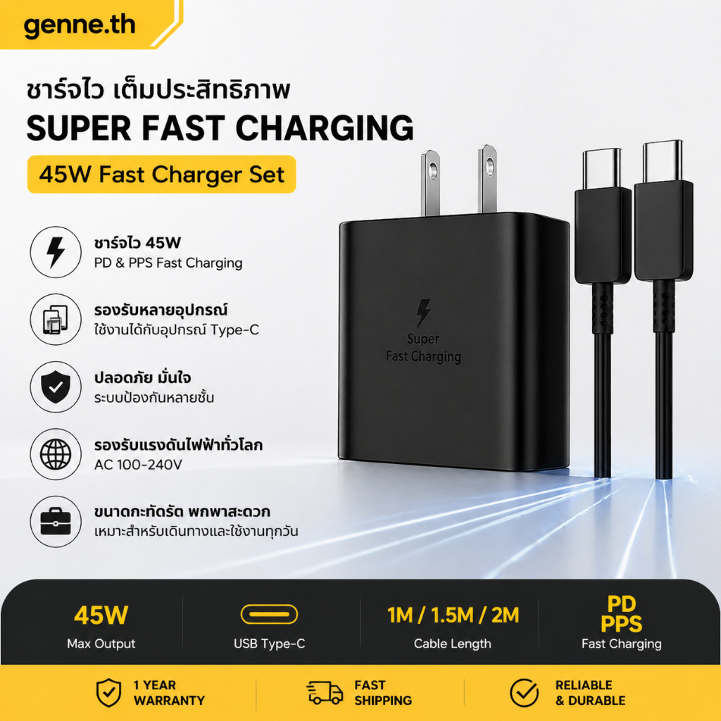 ชุดชาร์จเร็ว 45W Type-C Super Fast Charging หัวชาร์จ USB-C พร้อมสายชาร์จ 1M/1.5M/2M PD PPS ใช้งานบ้าน ที่ทำงาน เดินทาง รับประกัน 1 ปี