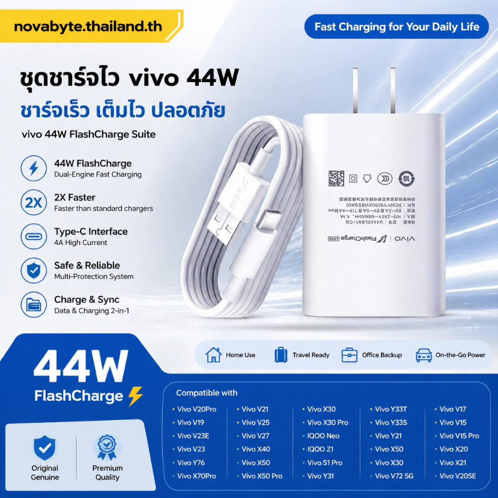 ชุดชาร์จเร็ว 44W Type-C สำหรับ Vivo หัวชาร์จ+สายชาร์จ Flash Charge 4A ใช้งานทนทาน รองรับหลายรุ่น ส่งจากไทย