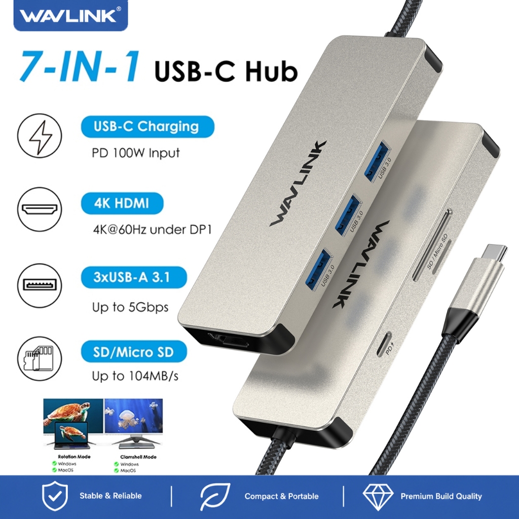 WAVLINK ฮับ USB C 7-in-1 พร้อม HDMI 4K, 100W PD, พอร์ต USB-A 3x 5Gbps, เครื่องอ่านการ์ด SD สําหรับ MacBook Pro/Air, iPad