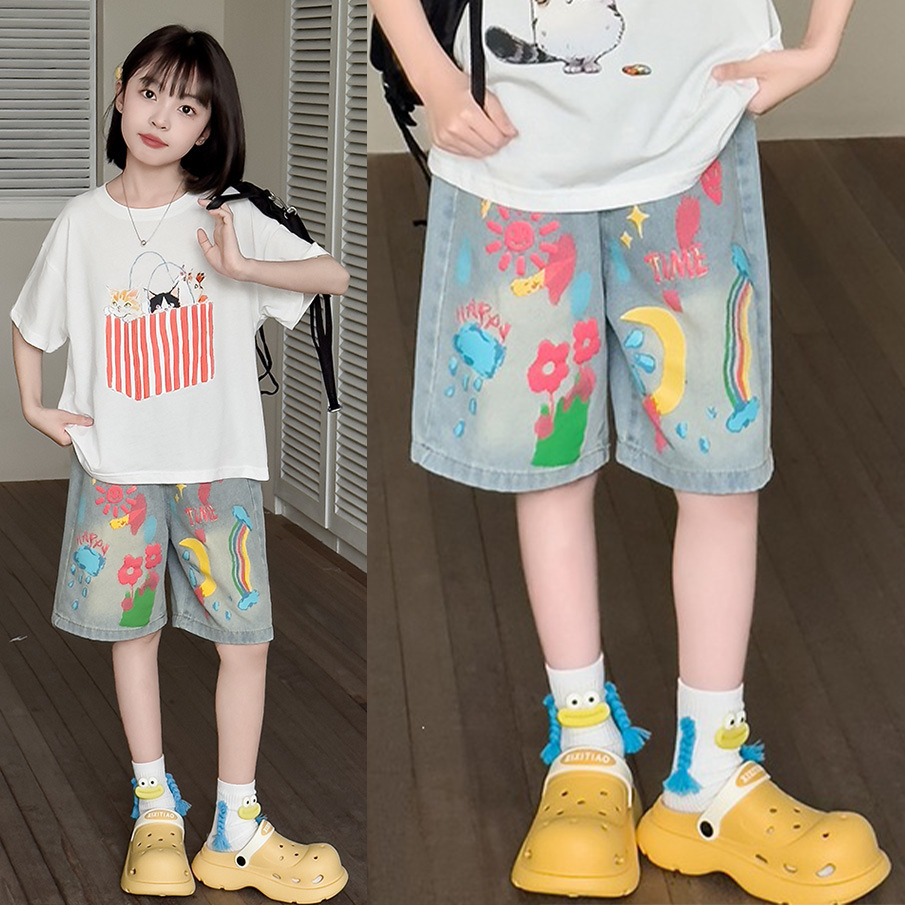 Shorts for Kids Girls กางเกงยีนส์ขาสั้นเด็กผู้หญิง กางเกงยีนขาสั้น เด็กโต เด็กหญิง แฟชั่นฤดูร้อน รูปแบบสี 130-160cm