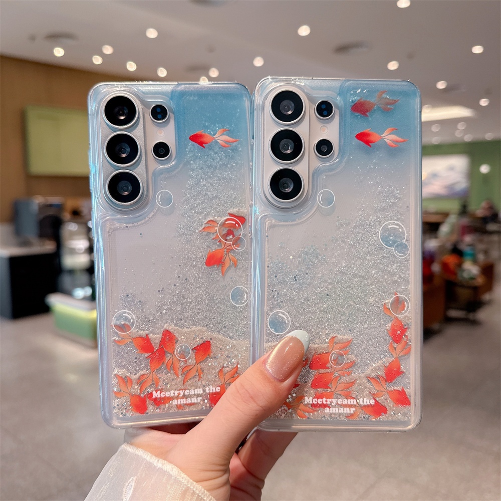 สําหรับ Samsung S26 Ultra S25 Plus S24 ไอคอนปลาทองตลก Movable Shiny Glitter Quicksand Case Cover