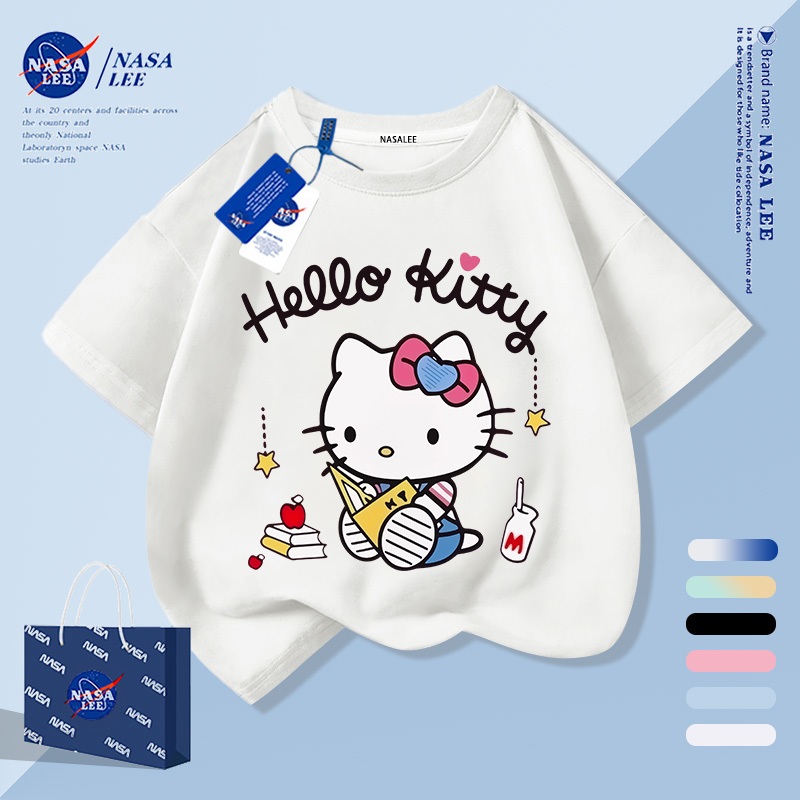【จัดส่งภายใน 1 วันในกรุงเทพฯ】เสื้อยืดเด็กสีขาวผ้าฝ้ายแท้ระบายอากาศดี ลายการ์ตูนคิตตี้ (Hello Kitty) ให้ฟีลเกาหลี เหมาะสำหรับอายุ 3-16 ปี ทรงหลวมสบาย แขนสั้น