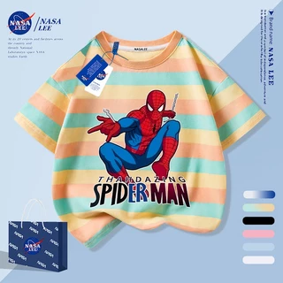 【จัดส่งภายใน 1 วันในกรุงเทพฯ】เสื้อยืดเด็กลายทางสีน้ำเงิน-ขาว ผ้าฝ้ายแท้ระบายอากาศดี ลายการ์ตูนซูเปอร์ฮีโร่ให้ฟีลเกาหลี เหมาะสำหรับอายุ 3-16 ปี ทรงหลวมสบาย แขนสั้น