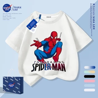 【จัดส่งภายใน 1 วันในกรุงเทพฯ】เสื้อยืดเด็กลายทางสีน้ำเงิน-ขาว ผ้าฝ้ายแท้ระบายอากาศดี ลายการ์ตูนซูเปอร์ฮีโร่ให้ฟีลเกาหลี เหมาะสำหรับอายุ 3-16 ปี ทรงหลวมสบาย แขนสั้น