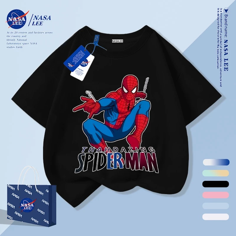 【จัดส่งภายใน 1 วันในกรุงเทพฯ】เสื้อยืดเด็กลายทางสีน้ำเงิน-ขาว ผ้าฝ้ายแท้ระบายอากาศดี ลายการ์ตูนซูเปอร์ฮีโร่ให้ฟีลเกาหลี เหมาะสำหรับอายุ 3-16 ปี ทรงหลวมสบาย แขนสั้น