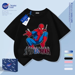 【จัดส่งภายใน 1 วันในกรุงเทพฯ】เสื้อยืดเด็กลายทางสีน้ำเงิน-ขาว ผ้าฝ้ายแท้ระบายอากาศดี ลายการ์ตูนซูเปอร์ฮีโร่ให้ฟีลเกาหลี เหมาะสำหรับอายุ 3-16 ปี ทรงหลวมสบาย แขนสั้น