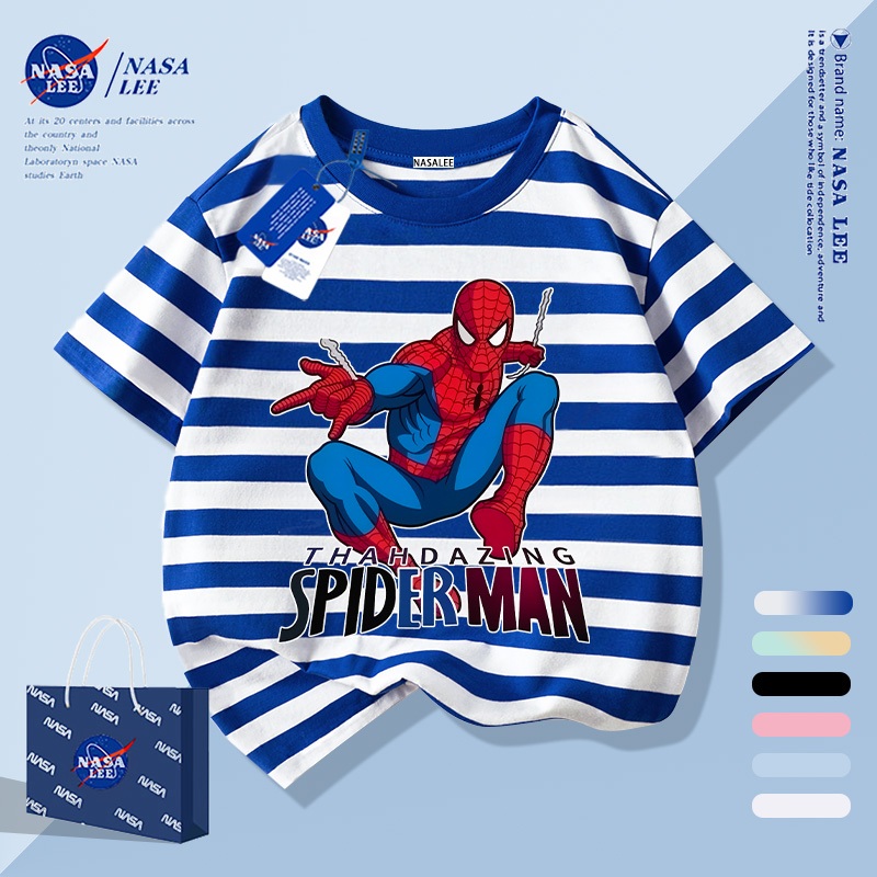 【จัดส่งภายใน 1 วันในกรุงเทพฯ】เสื้อยืดเด็กลายทางสีน้ำเงิน-ขาว ผ้าฝ้ายแท้ระบายอากาศดี ลายการ์ตูนซูเปอร์ฮีโร่ให้ฟีลเกาหลี เหมาะสำหรับอายุ 3-16 ปี ทรงหลวมสบาย แขนสั้น