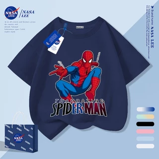 【จัดส่งภายใน 1 วันในกรุงเทพฯ】เสื้อยืดเด็กลายทางสีน้ำเงิน-ขาว ผ้าฝ้ายแท้ระบายอากาศดี ลายการ์ตูนซูเปอร์ฮีโร่ให้ฟีลเกาหลี เหมาะสำหรับอายุ 3-16 ปี ทรงหลวมสบาย แขนสั้น