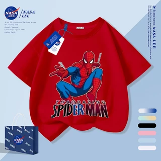 【จัดส่งภายใน 1 วันในกรุงเทพฯ】เสื้อยืดเด็กลายทางสีน้ำเงิน-ขาว ผ้าฝ้ายแท้ระบายอากาศดี ลายการ์ตูนซูเปอร์ฮีโร่ให้ฟีลเกาหลี เหมาะสำหรับอายุ 3-16 ปี ทรงหลวมสบาย แขนสั้น