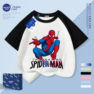 【จัดส่งภายใน 1 วันในกรุงเทพฯ】เสื้อยืดเด็กลายทางสีน้ำเงิน-ขาว ผ้าฝ้ายแท้ระบายอากาศดี ลายการ์ตูนซูเปอร์ฮีโร่ให้ฟีลเกาหลี เหมาะสำหรับอายุ 3-16 ปี ทรงหลวมสบาย แขนสั้น