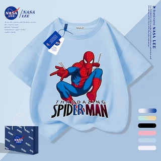【จัดส่งภายใน 1 วันในกรุงเทพฯ】เสื้อยืดเด็กลายทางสีน้ำเงิน-ขาว ผ้าฝ้ายแท้ระบายอากาศดี ลายการ์ตูนซูเปอร์ฮีโร่ให้ฟีลเกาหลี เหมาะสำหรับอายุ 3-16 ปี ทรงหลวมสบาย แขนสั้น