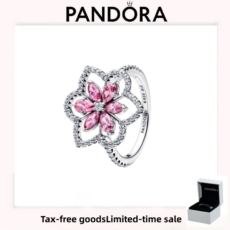 อุปกรณ์เสริม PANDORA (พร้อมกล่อง) แหวนค็อกเทลดอกไม้คู่หรูหราคุณภาพสูง