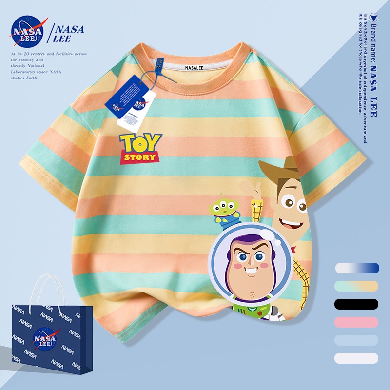 【จัดส่งภายใน 1 วันในกรุงเทพฯ】เสื้อยืดเด็กลายทางสีเหลืองและสีน้ำเงิน ผ้าฝ้ายแท้ระบายอากาศดี ลายการ์ตูนให้ฟีลเกาหลี เหมาะสำหรับอายุ 3-16 ปี ทรงหลวมสบาย แขนสั้น
