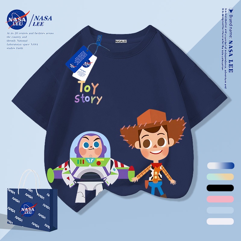 【จัดส่งภายใน 1 วันในกรุงเทพฯ】เสื้อยืดเด็กสีน้ำเงินเข้ม ผ้าฝ้ายแท้ระบายอากาศดี ลายการ์ตูนให้ฟีลเกาหลี เหมาะสำหรับอายุ 3-16 ปี ทรงหลวมสบาย แขนสั้น