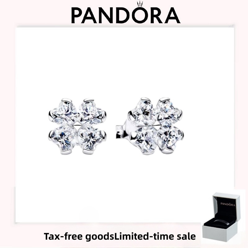 เครื่องประดับ PANDORA (พร้อมกล่อง) คุณภาพสูง Luxury Holiday Love Gift ต่างหูสตั๊ด Lucky Clover ที่เป