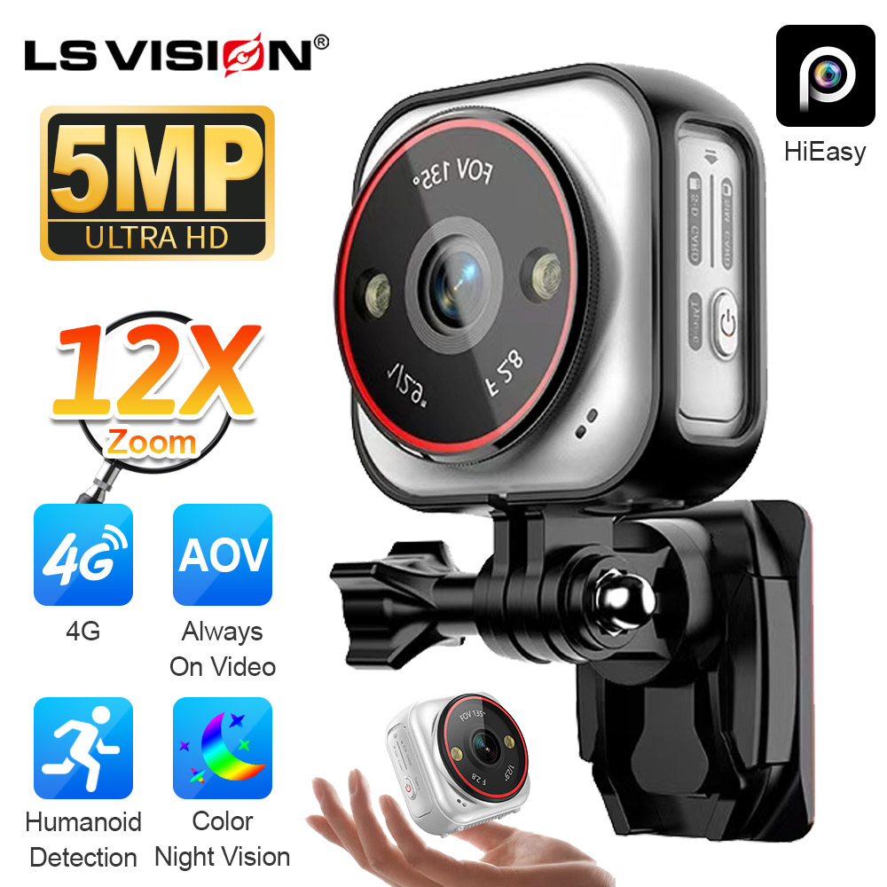 LS VISION 5MP MINI AOV 4G กล้องพกพา 1500mAh แบตเตอรี่ AI Humanoid Detection 135° มุมกว้าง 12X ซูม IP65 กันน้ํา
