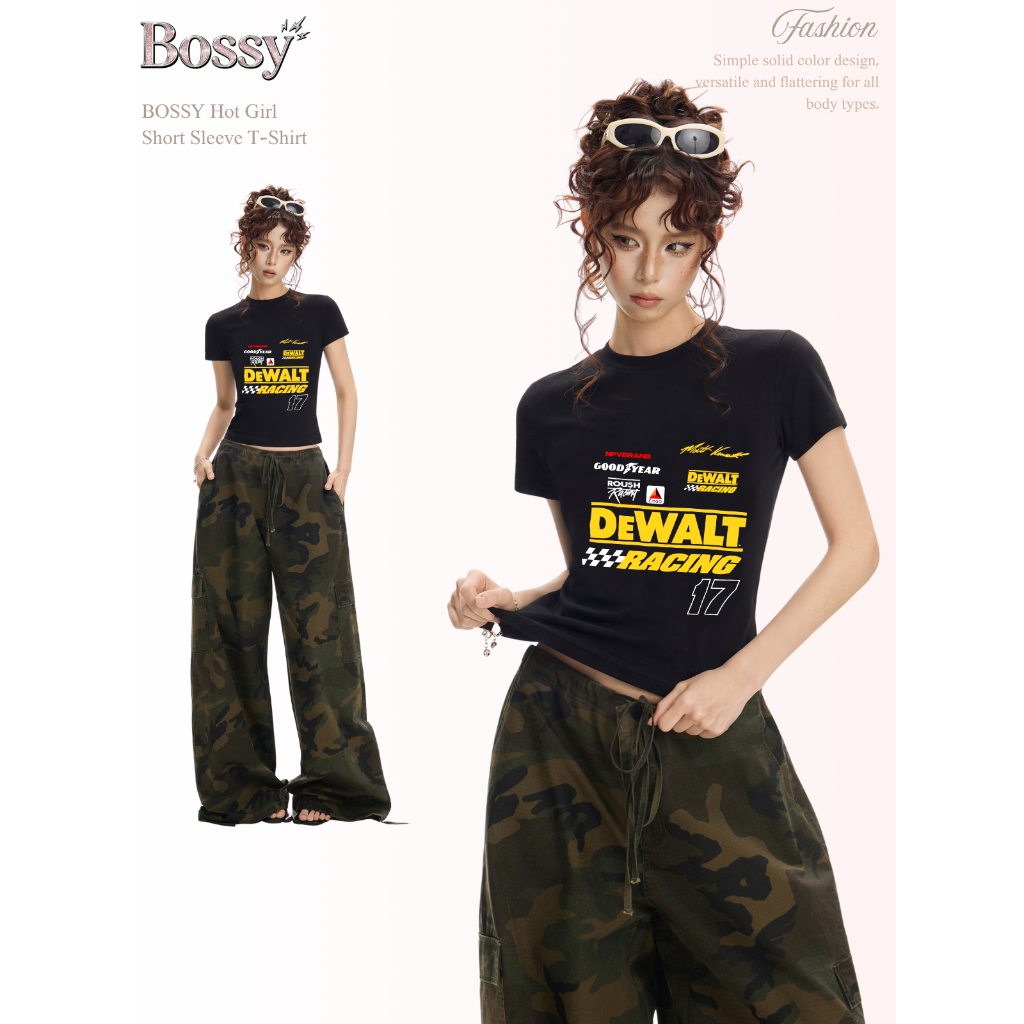 BOSSY เสื้อยืดแขนสั้นคอกลมสไตล์อเมริกันวินเทจ ลายสกรีนตัวอักษร ทรงเข้ารูป ผ้าฝ้าย100%#E+2540