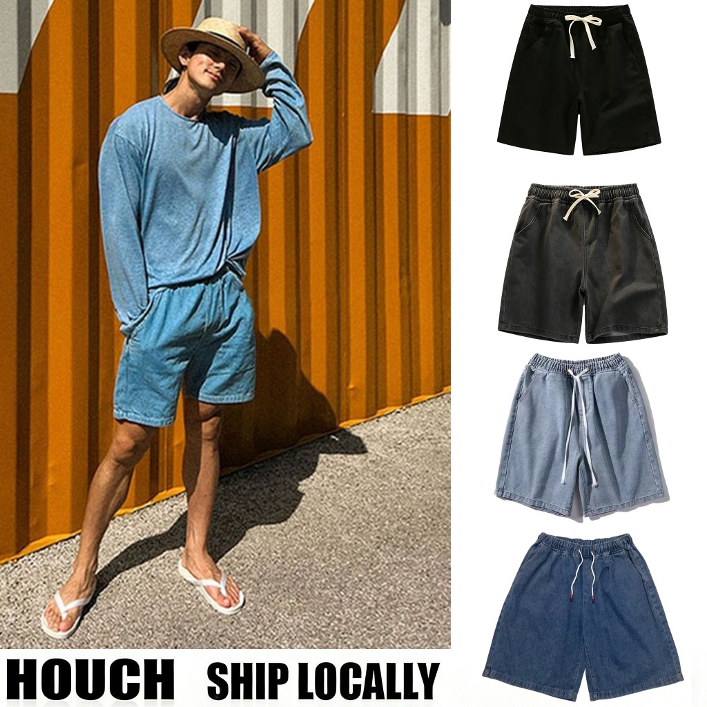 HOUCH COD กางเกงยีนส์ขาสั้นผู้ชาย เอวยางยืด มีหลากหลายสี