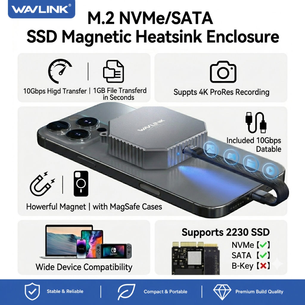 WAVLINK Magnetic M.2 2230 NVMe/SATA SSD Enclosure (MAX 8TB)