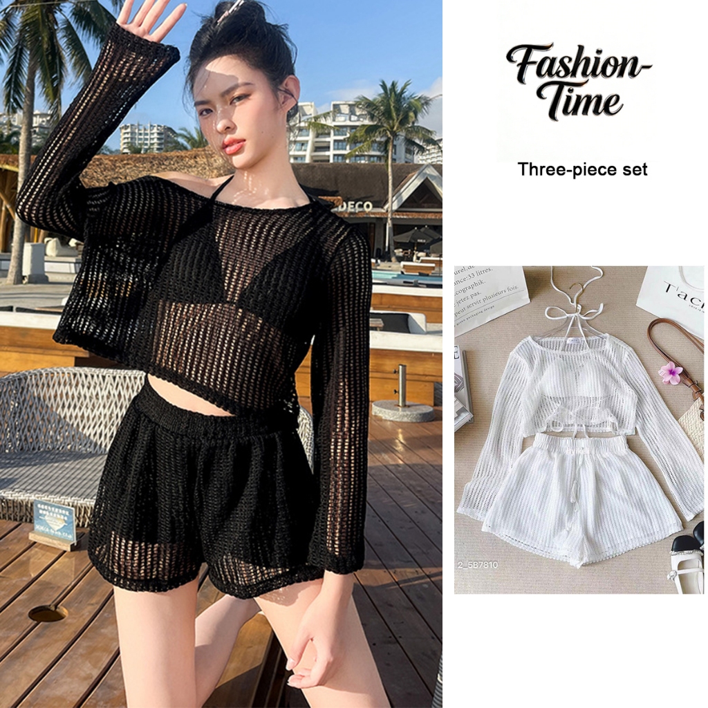 Fashion-Time บิกินี่ชุดว่ายน้ําแขนยาวสามชิ้นผ้าถักกลวงน้ําพุร้อนริมทะเลชายหาดเสื้อผ้า กิโลจูลKJS241