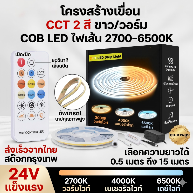 💡 [สต็อกไทย] ไฟเส้น LED COB CCT 24V (608 LED/m) ปรับสีได้ 2700K-6500K แสงเนียน ไร้จุดมืด หรี่ไฟได้ ไฟซ่อนฝ้าเกรดพรีเมียม ✨🔥