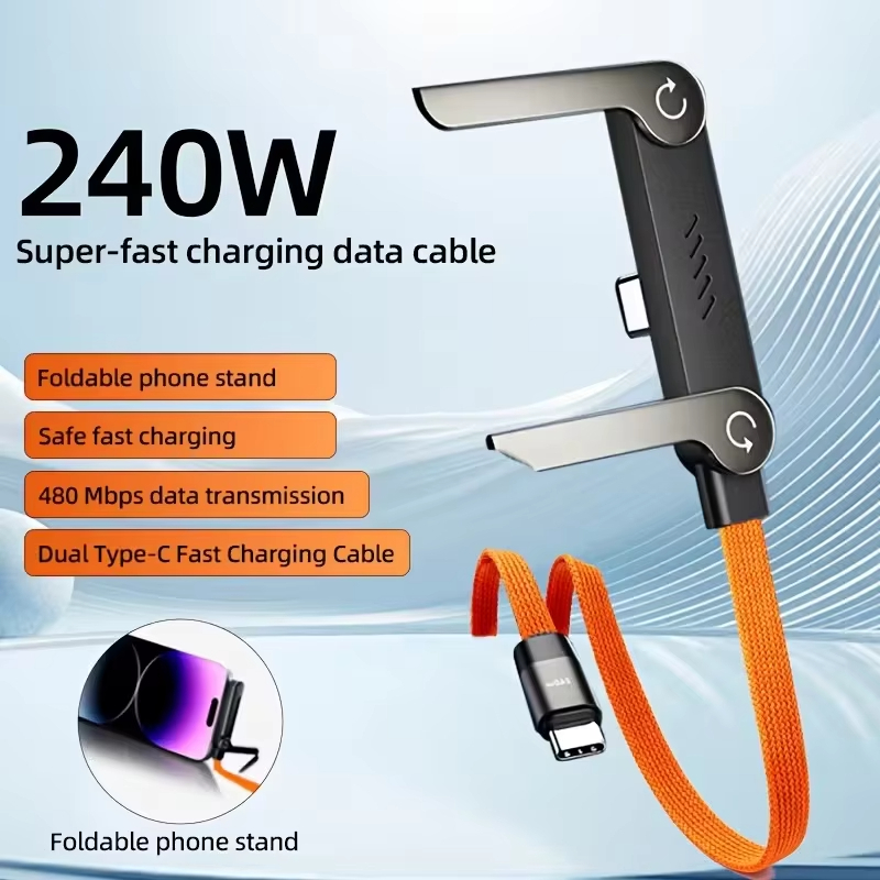 สายข้อศอก Type-C ชาร์จเร็ว 240W พร้อมขาตั้งโทรศัพท์ที่มองไม่เห็นไนลอนถัก USB C ถึง C สายไฟสําหรับโทรศัพท์