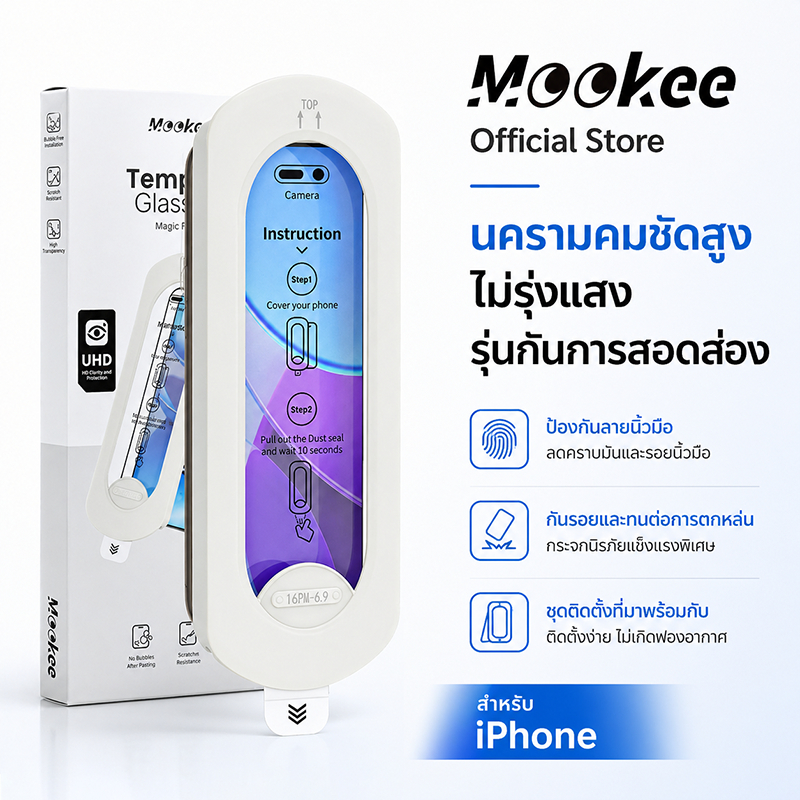 Mookee ฟิล์มกระจก iPhone 17 Pro Max 16 15 14 13 กล่องติดตั้งอัตโนมัติ 9H กันรอย HD ใส / กันสอดส่อง ทัชลื่น เต็มจอ ไม่มีฟอง ไม่ดันเคส