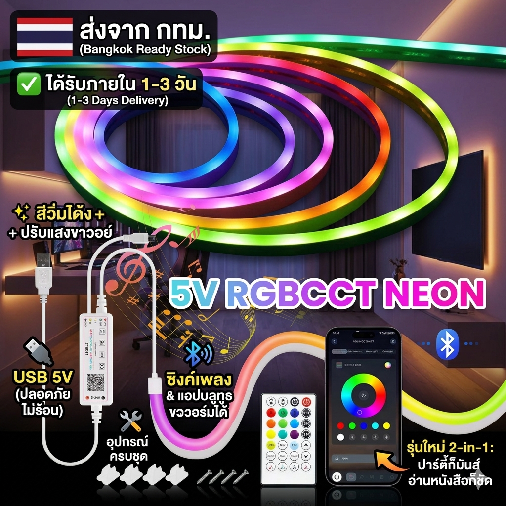 🔥 [พร้อมส่ง] ไฟนีออน RGBIC + CCT 5V USB ✨ เปลี่ยนมู้ดห้อง + ปรับแสงขาววอร์มได้ในเส้นเดียว! คอนโทรลผ่าน App/รีโมท ไฟเต้นตามเพลง สีรุ้ง