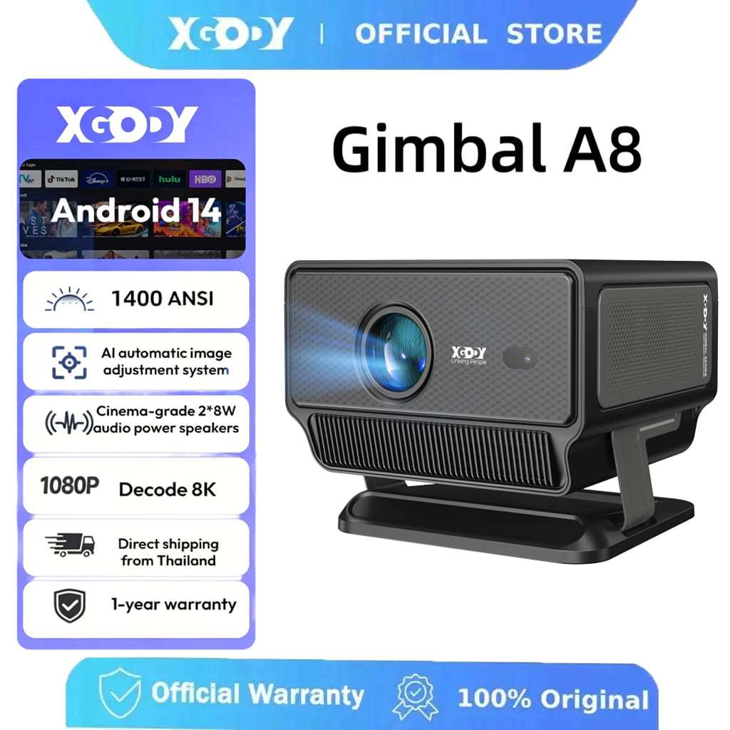 [ใหม่] XGODY Gimbal A8 1400 ANSI Projector, 2+16GB, Calibrationอัจฉริยะ,โปรเจคเตอร์พกพา,Android 14.0