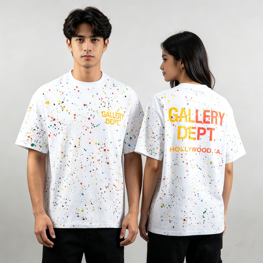 ❤️🆕 GALLERY DEPT สีขาวสีดําเสื้อลายสก๊อตพิมพ์ผ้าฝ้ายเสื้อยืดผู้ชายผู้หญิง Tees