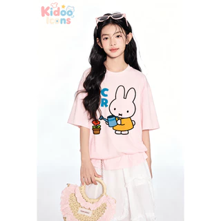 KIDOO ICONS เสื้อยืดเด็กผู้หญิงคอกลมฤดูร้อน สไตล์ลำลองทรงหลวม ลายสกรีนการ์ตูน Miffy เนื้อนุ่มยืดหยุ่น ผ้าฝ้าย100% #A01+5626