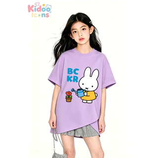 KIDOO ICONS เสื้อยืดเด็กผู้หญิงคอกลมฤดูร้อน สไตล์ลำลองทรงหลวม ลายสกรีนการ์ตูน Miffy เนื้อนุ่มยืดหยุ่น ผ้าฝ้าย100% #A01+5626