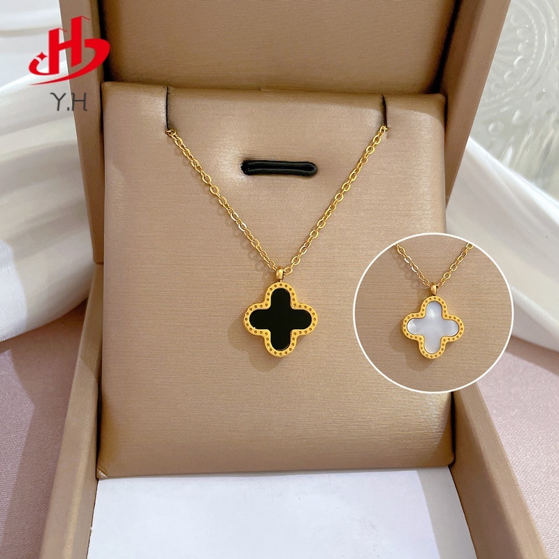 Y.H โคลเวอร์สี่ใบ และขาว สีทอง จี้สองด้าน สีดำ 18K สร้อยคอสแตนเลส