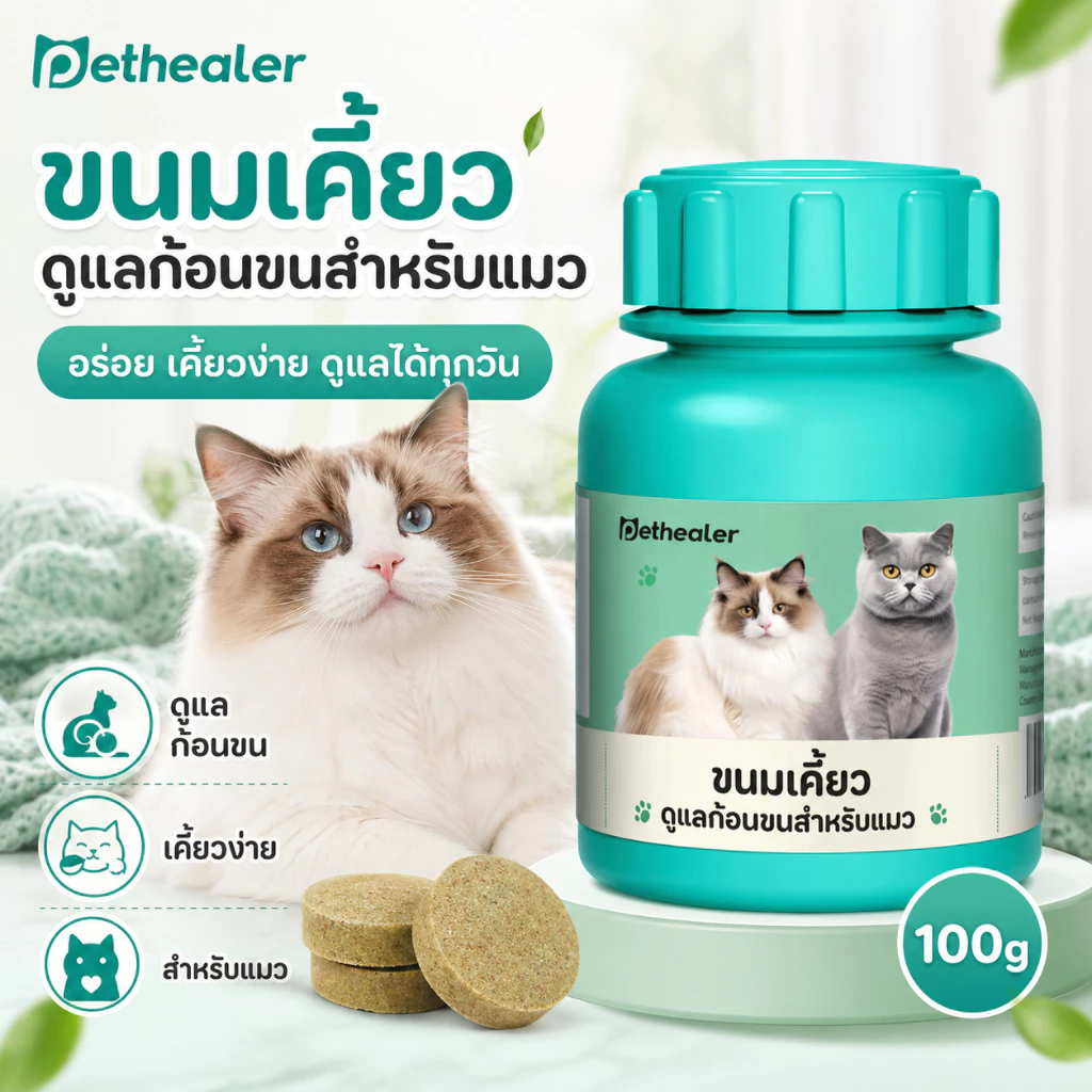 Hairball Cat Treat 100g ขนมแมวเลียเม็ด Pethealer ดูแลก้อนขน แมวขนร่วง ระบบทางเดินอาหาร Cat Digestive Care Snack เคี้ยวง่าย