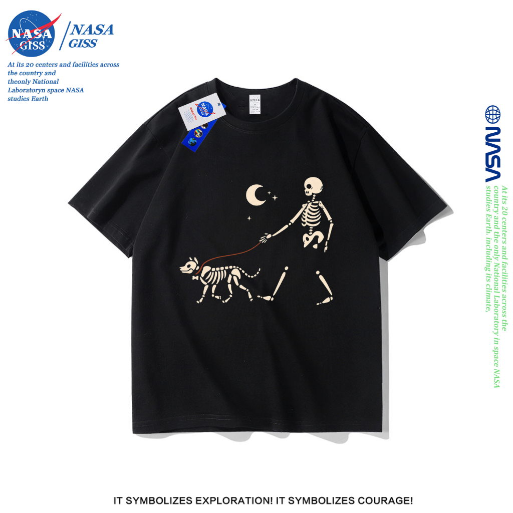 NASA เสื้อยืดชายหญิงแขนสั้น สตรีทฮิปฮอป summer Traveling at night พิมพ์ลาย คอตตอน คอกลม หลวมและระบายอากาศ
