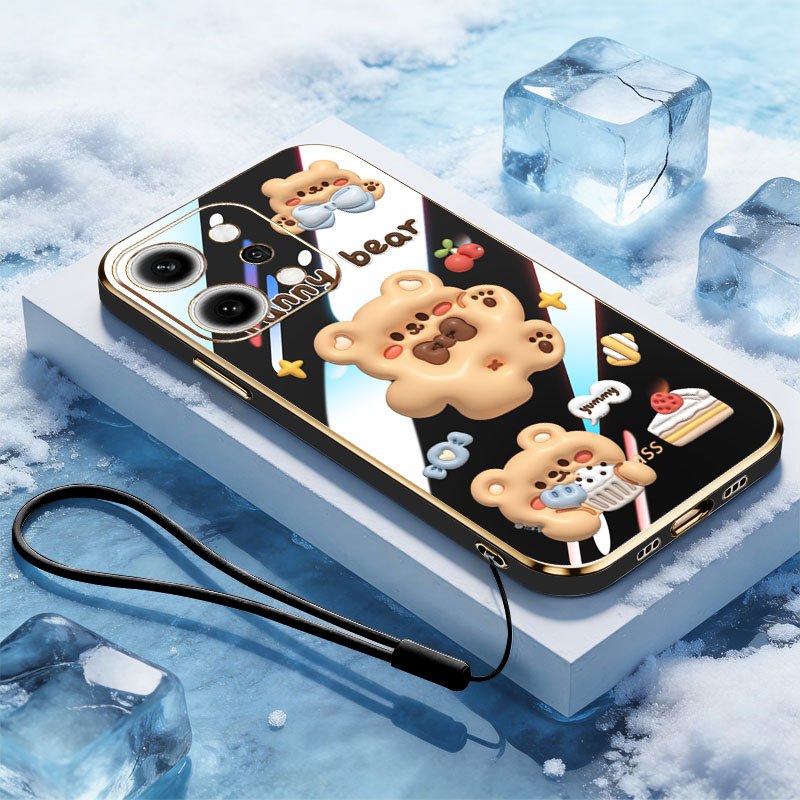 YBD เคสโทรศัพท์สําหรับ OPPO Reno 13 14 15 Pro Reno 13F 14F 15F การ์ตูนบิสกิตคู่หมีพร้อมเชือกเส้นเล็ก