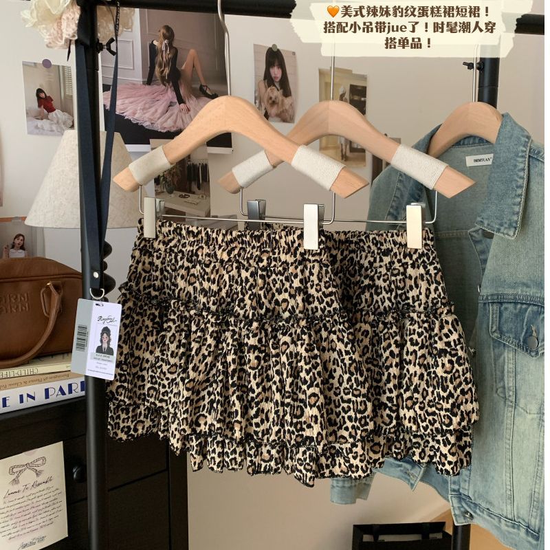 TINRRY~American Hot Girl Retro Leopard Print Ruffled Skirt Chic A-Line Skirt Short Skirt