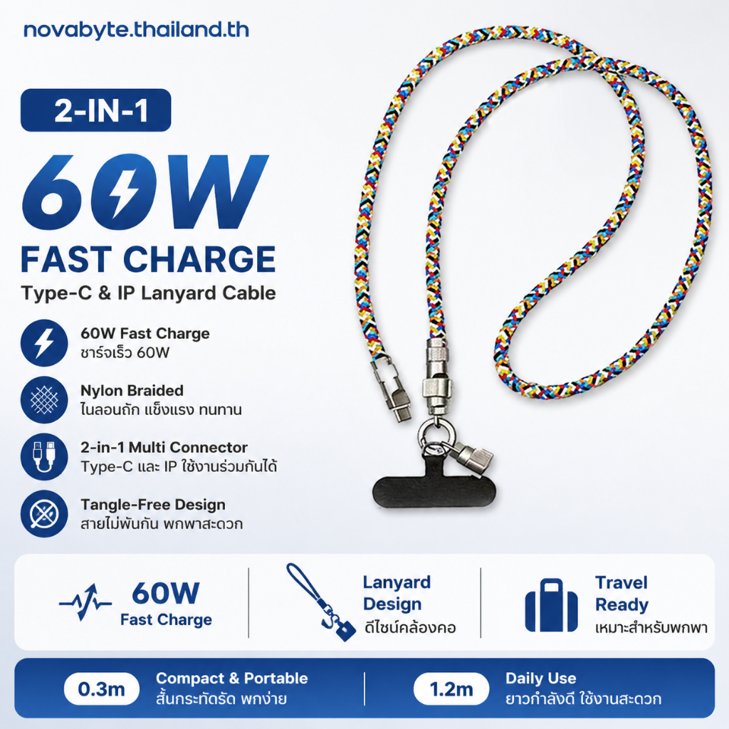 สายชาร์จคล้องมือถือ 60W แบบสายคล้องคอ Type-C/IP ไนลอนถักเปีย ซิงก์อัลลอย ชาร์จไว พกง่าย กันพัน มี 0.