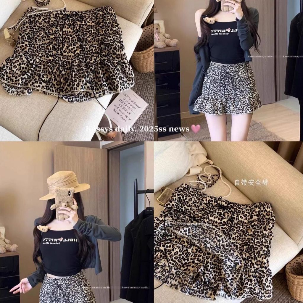 TINRRY~American Hot Girl Retro Leopard Print Ruffled Skirt Spring Chic A-Line Skirt Short Skirt