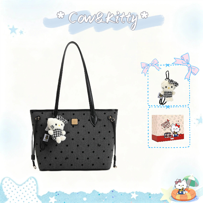 กระเป๋าโท้ต Cow&Kitty สำหรับสุภาพสตรี ขนาดใหญ่ มีลายจุดสีดำและเทา