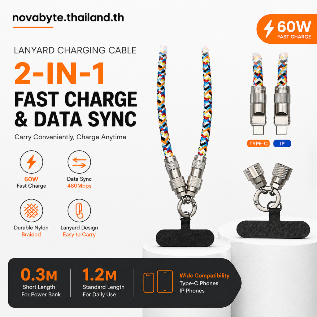 สายชาร์จคล้องคอ Type-C/IP สายชาร์จมือถือไนลอนถัก โซ่คล้องโทรศัพท์ ยาว 0.3M/1.2M ชาร์จไว พกพาไปเที่ยว