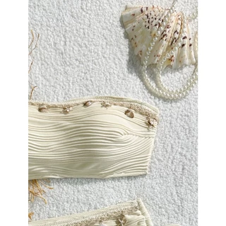 🖤ส่งไวจากไทย✨บิกินี่สีพื้น bikini set เกาะอก แต่งเปลือกหอย ชุดว่ายน้ำผู้หญิง สไตล์เซ็กซี่ เที่ยวทะเล