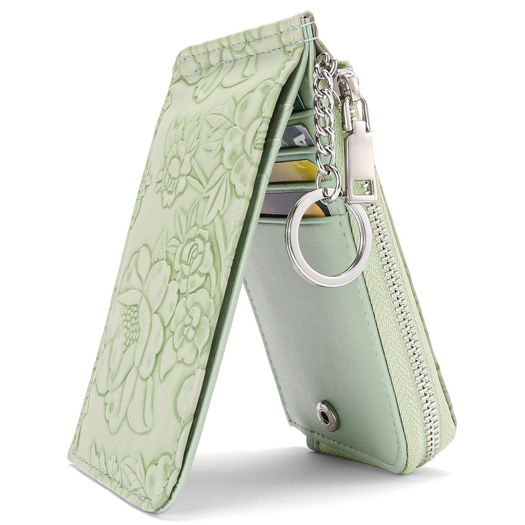 กระเป๋าใส่บัตรซิปวินเทจ ลายนูน จุหลายใบ พร้อมห่วงกุญแจและช่องเหรียญถอดได้ 3-in-1 หนังนิ่ม โลหะคลาสสิค จัดระเบียบดี ของขวัญปีใหม่