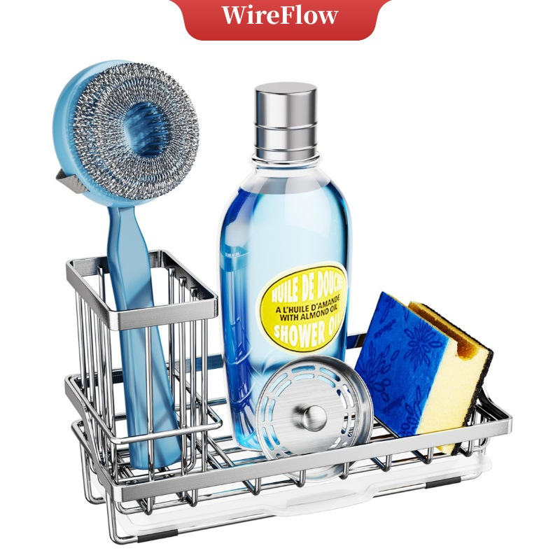 WireFlow ที่วางอุปกรณ์อ่างล้างจาน พร้อมถาดรองน้ำถอดได้ ที่วางฟองน้ำสำหรับเคาน์เตอร์ครัว ใช้เก็บน้ำยาล้างจาน แปรง และอุปกรณ์ทำความสะอาด